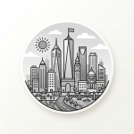 Circular illustration of a colorful city skyline with skyscrapers, landmarks, roads, and waterfront